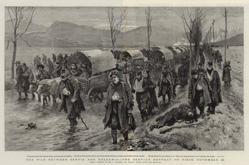 Krigen mellom Serbia og Bulgaria, den serbiske retretten på Nisch, 26. november av Frederic Villiers