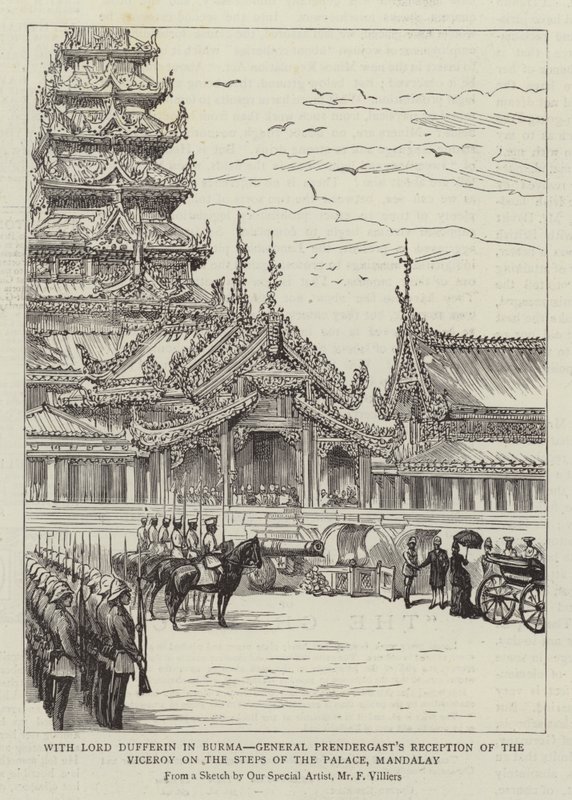 Med Lord Dufferin i Burma, general Prendergasts mottakelse av visekongen på trappen til palasset, Mandalay av Frederic Villiers