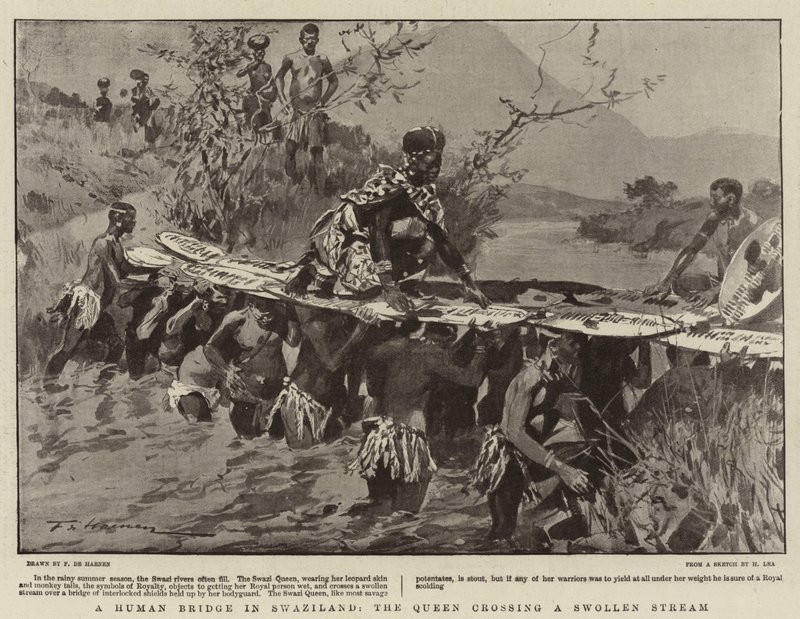 En menneskelig bro i Swaziland, dronningen krysser en hoven strøm av Frederic de Haenen