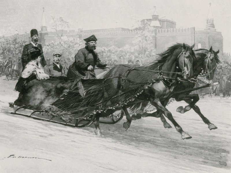 En slede med blått silkenett, for å forhindre at snøen sprøyter beboerne, Kreml i bakgrunnen av Frederic de Haenen