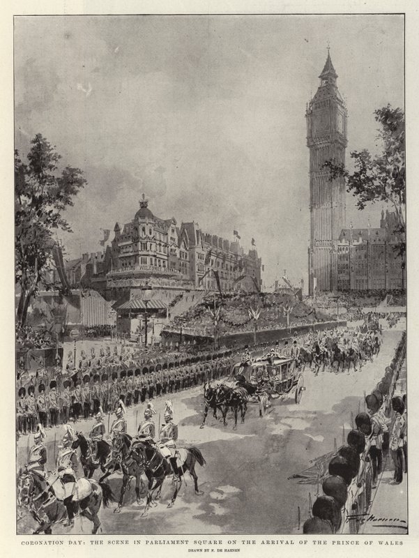 Kroningsdag, scenen på Parliament Square ved ankomsten til prinsen av Wales av Frederic de Haenen