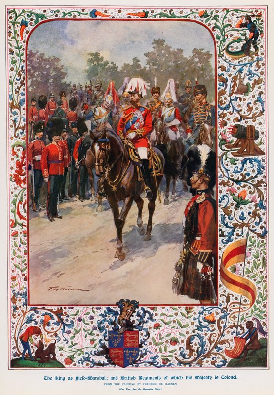 Kong George V, som Field Marshall, de britiske regimentene der hans Majestet er oberst av Frederic de Haenen