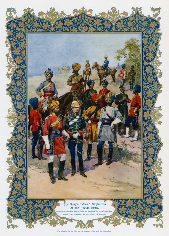 Kong George Vs "egne" regimenter av den indiske hæren (farge litho) av Frederic de Haenen
