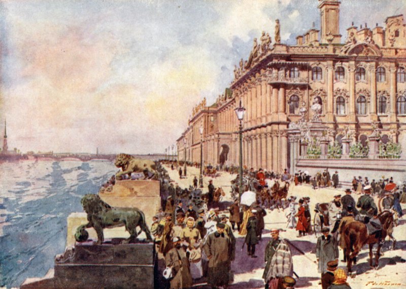 Russland: Vinterpalasset på Neva (farge litho) av Frederic de Haenen
