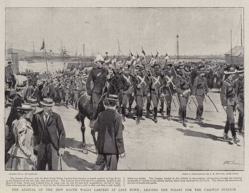 Ankomsten av New South Wales Lancers til Cape Town, og forlater Wharf for jernbanestasjonen av Frederic de Haenen