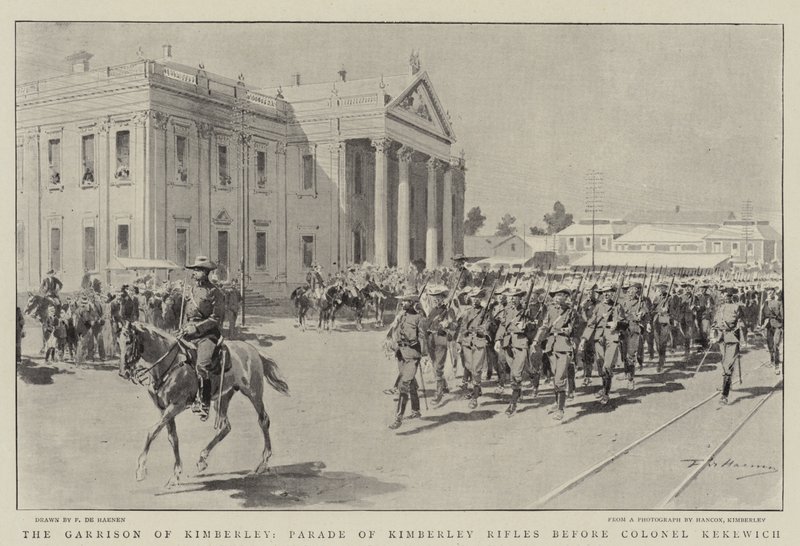 The Garrison of Kimberley, Parade of Kimberley Rifles før oberst Kekewich av Frederic de Haenen