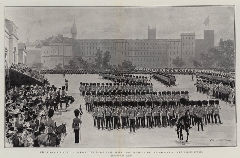 Kongens bursdag i London, mars fortid etter Trooping of the Colors ved Horse Guards av Frederic de Haenen