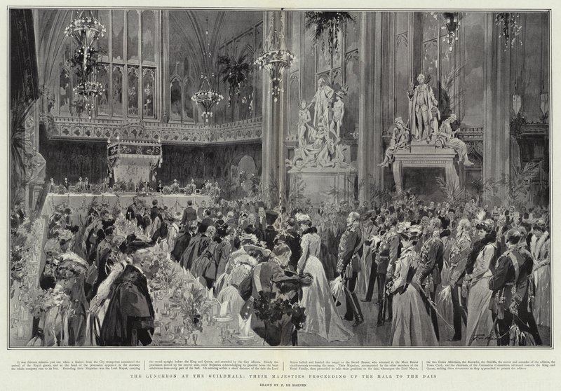 Lunsjen i Guildhall, Deres Majesteter fortsetter opp hallen til Dais av Frederic de Haenen