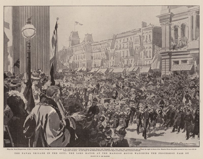 Sjøforsvarsbrigaden i byen, Lord Mayor ved Mansion House ser på prosesjonen passere av Frederic de Haenen