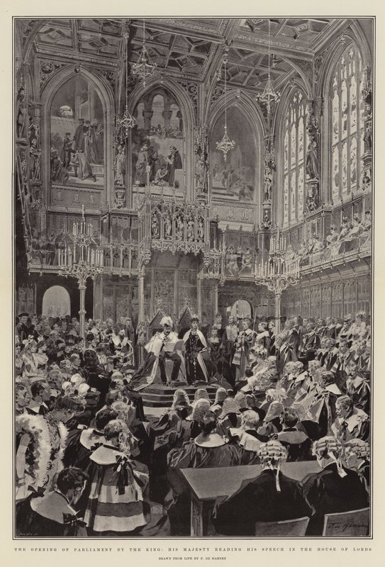 Åpningen av parlamentet av Kongen, Hans Majestet som leser hans tale i House of Lords av Frederic de Haenen