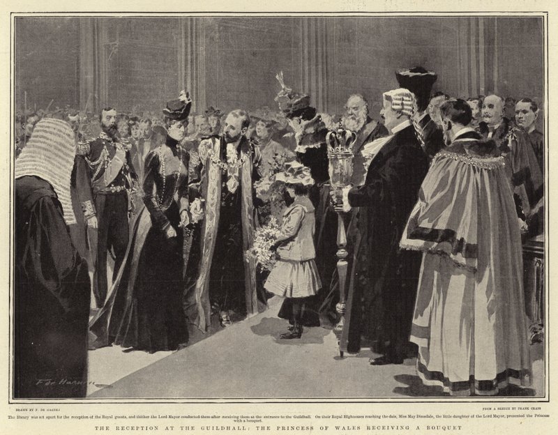 Mottakelsen i Guildhall, prinsessen av Wales mottar en bukett av Frederic de Haenen