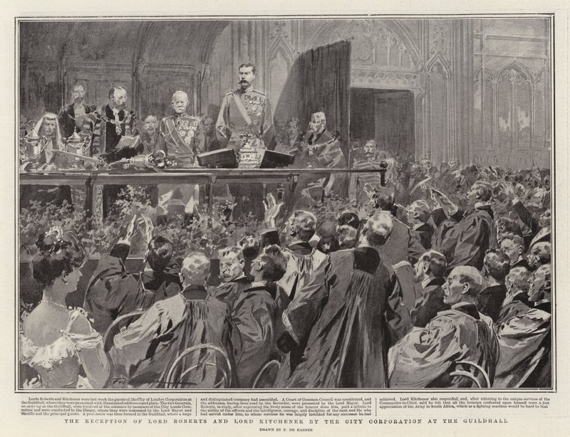 Mottakelsen av Lord Roberts og Lord Kitchener av City Corporation i Guildhall av Frederic de Haenen