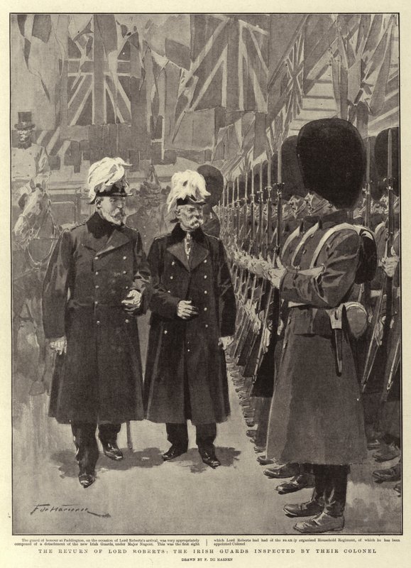 The Return of Lord Roberts, de irske vaktene inspisert av deres oberst av Frederic de Haenen