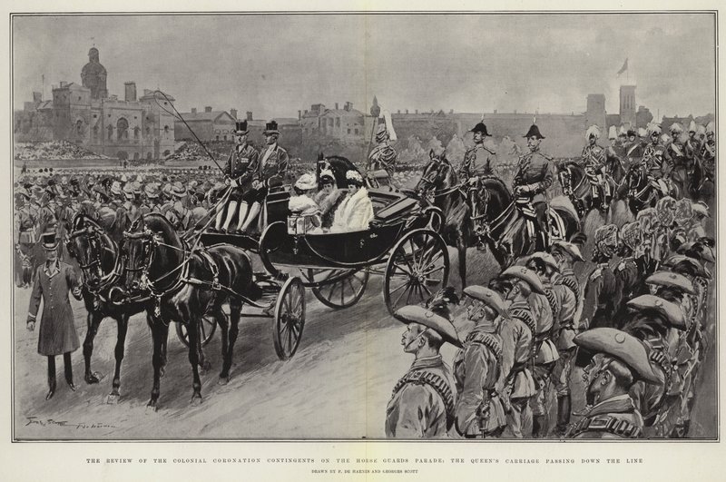 Gjennomgangen av de koloniale kroningskontingentene på Horse Guards Parade, dronningens vogn passerer nedover linjen av Frederic de Haenen