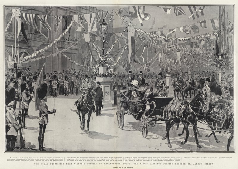 Den kongelige prosesjonen fra Victoria Station til Marlborough House, King's Carriage passerer gjennom St James's Street av Frederic de Haenen