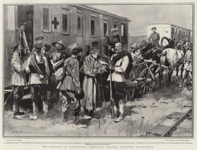 Russerne i Manchuria, fjerner kolerapasienter i Kharbia av Frederic de Haenen