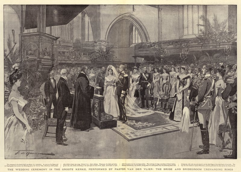 Bryllupsseremonien i Groote Kerke, utført av pastor Van der Vlier, bruden og brudgommen bytter ringer av Frederic de Haenen