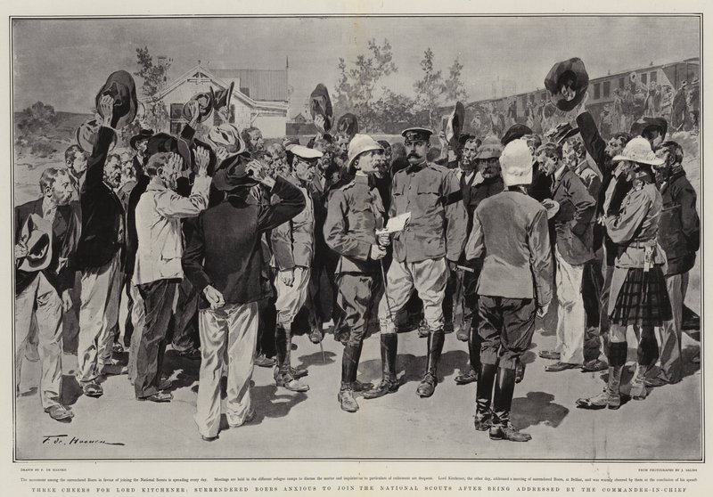 Tre hurra for Lord Kitchener, overgitte boerer ivrige etter å bli med i National Scouts etter å ha blitt tiltalt av sjefssjefen av Frederic de Haenen
