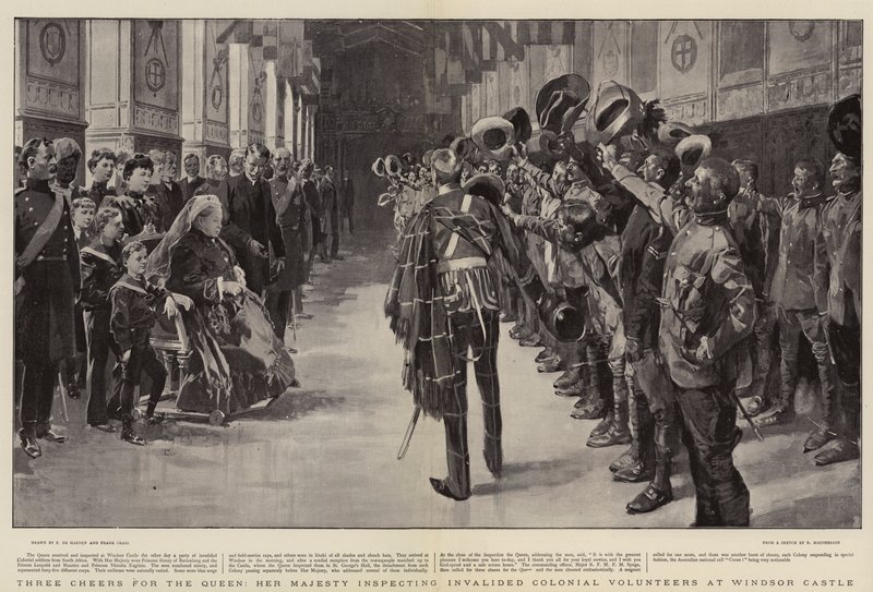 Tre hurra for dronningen, Hennes Majestet inspiserer ugyldige koloniale frivillige ved Windsor Castle av Frederic de Haenen