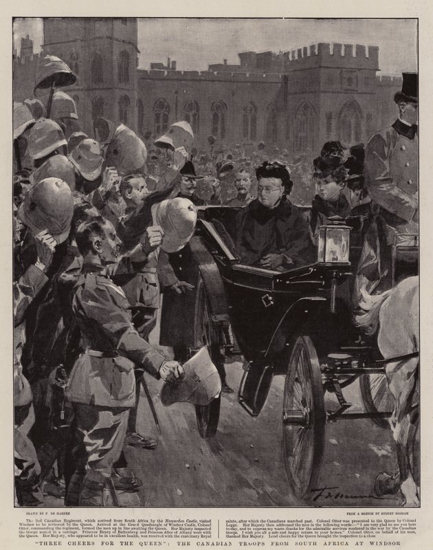 Tre hurra for dronningen, de kanadiske troppene fra Sør-Afrika ved Windsor av Frederic de Haenen