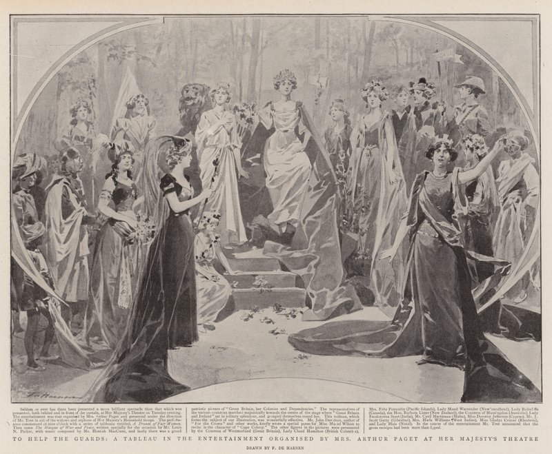 To Help the Guards, et tablå i underholdningen organisert av fru Arthur Paget ved hennes Majestets teater av Frederic de Haenen