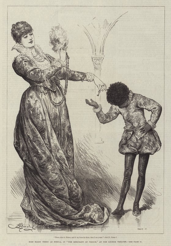 Frøken Ellen Terry som Portia, i The Merchant of Venice, på Lyceum Theatre av Frederick Barnard