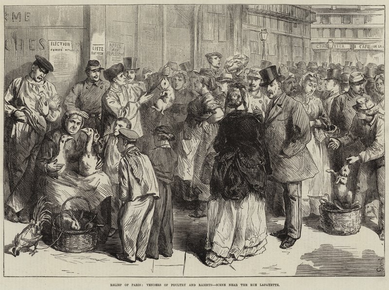 Relieff av Paris, selgere av fjærkre og kaniner, scene nær Rue Lafayette av Frederick Barnard