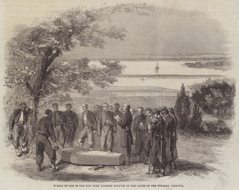 Begravelse av en av New York Firemen Zouaves on the Banks of the Potomac, Virginia av Frederick John Skill