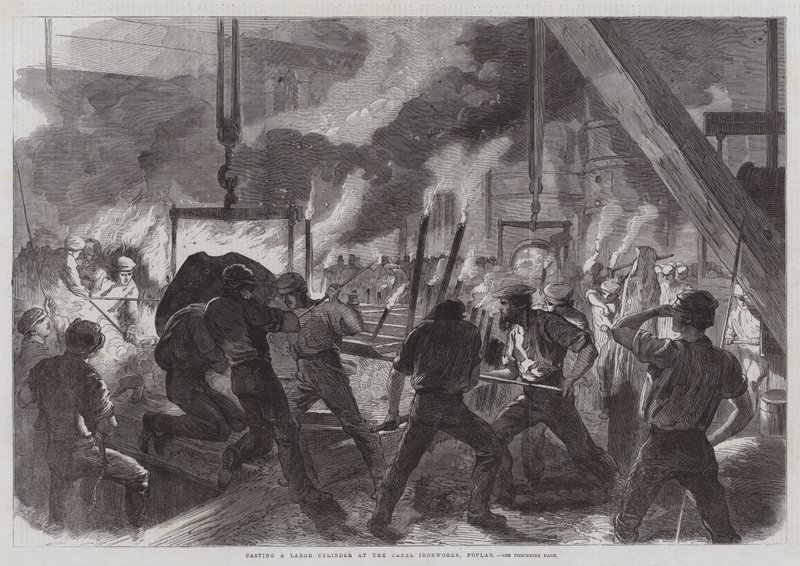 Støping av en stor sylinder ved Canal Ironworks, Poplar av Frederick John Skill