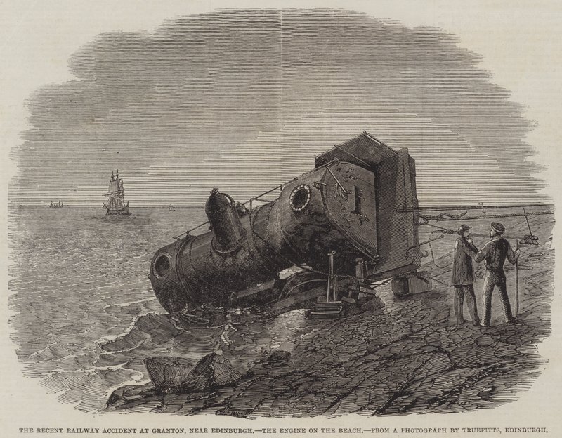 Den nylige jernbaneulykken i Granton, nær Edinburgh, motoren på stranden av Frederick Morgan