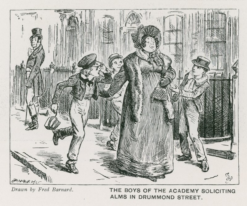 Guttene ved Wellington House Academy ber om almisser i Drummond Street (gravering) av Frederick (after) Barnard