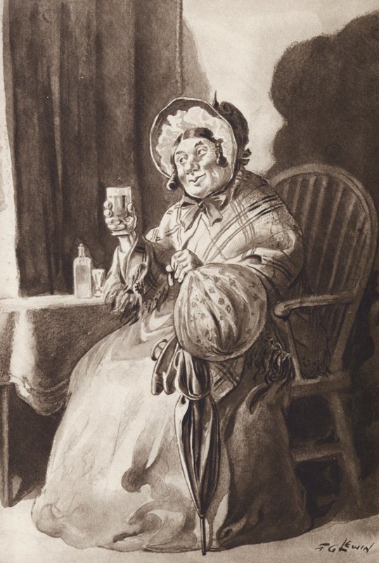 Mrs Gamp fra Martin Chuzzlewit, av Charles Dickens (gravyr) av Frederick George Lewin