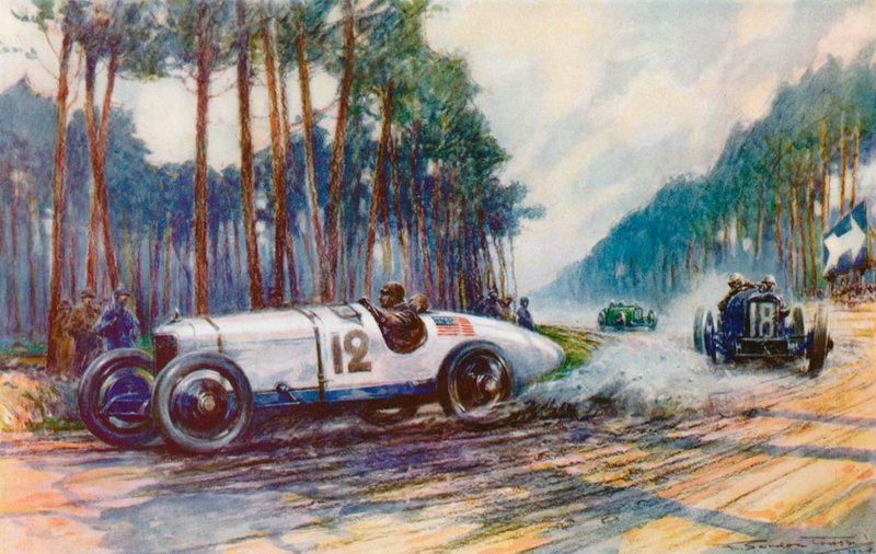 Amerikas første suksess i en Grand Prix skjedde da Jimmy Murphys Duesenberg ble vellykket på Le Mans i 1921 (farge litho) av Frederick Gordon (after) Crosby