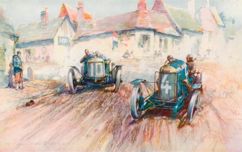 Bablot kjører 3-liters Delage No 10 og jager Boillots Peugeot i Voiturette-løpet i 1911 på Boulogne (farge litho) av Frederick Gordon (after) Crosby