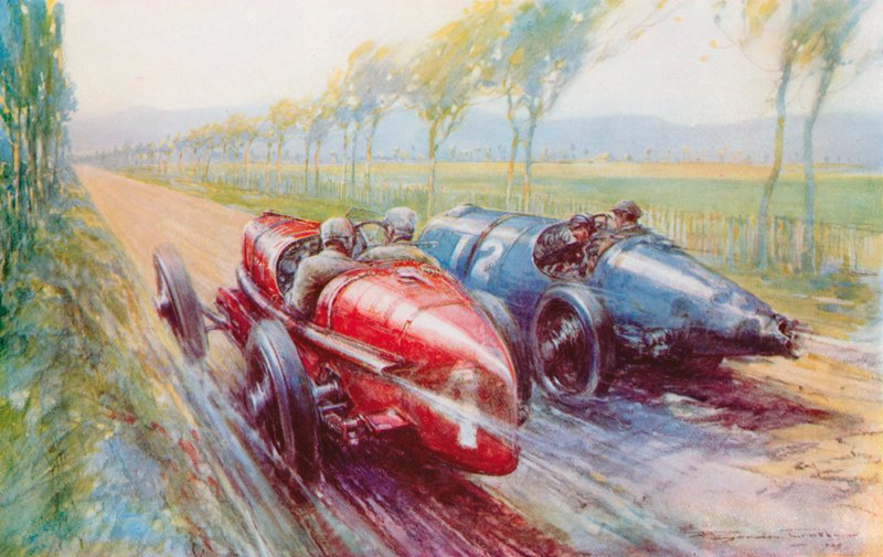 Felice Nazzaro vant Grand Prix i 1922, og håndterte en av de nye og veldig raske Fiatene (farge litho) av Frederick Gordon (after) Crosby