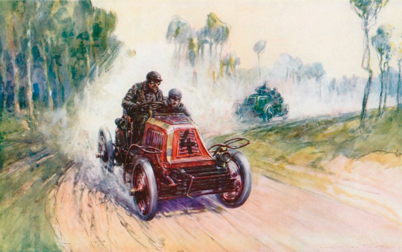 Fournier med Mors nr. 4 under Paris-Berlin-løpet i 1901, en av de få der Panhard, dagens ledende merke, ble slått (farge litho) av Frederick Gordon (after) Crosby