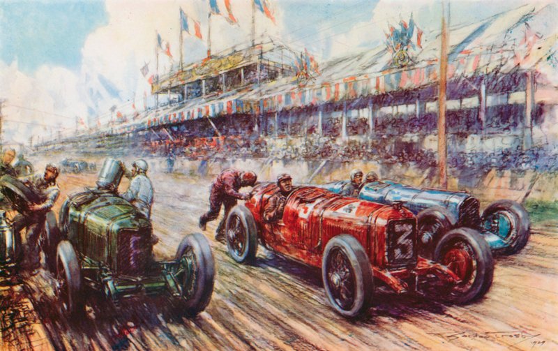 I Grand Prix 1924 ledet Ascaris Alfa Romeo løpet nesten til mål, bare for å tape fordi motoren ikke ville starte på nytt etter et pit-stopp (farge litho) av Frederick Gordon (after) Crosby