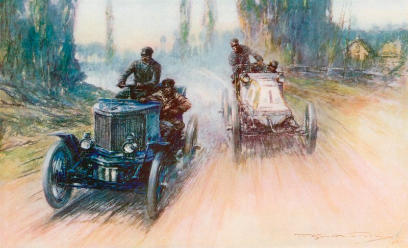 I Paris-Amsterdam-løpet i 1898 ble Charrons hvite Panhard utstyrt med hjul i stedet for rorkultstyring for første gang i racinghistorien (farge litho) av Frederick Gordon (after) Crosby
