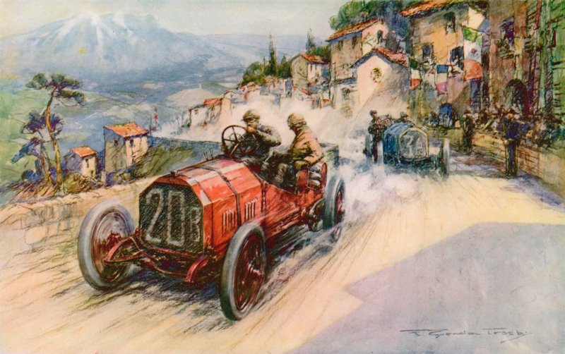 Italias mester, Felice Nazzaro, og Fiat som vant 1907 Targa Florio, kombinasjonen har tidligere vunnet Grand Prix og Kaiserpreis (farge litho) av Frederick Gordon (after) Crosby