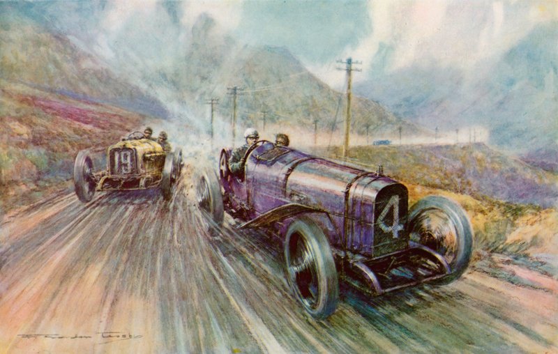 K Lee Guinness med solstrålen i det to-dagers 600-mile Tourist Trophy-løpet på Isle of Man, som han vant på 56,44 mph (fargelitho) av Frederick Gordon (after) Crosby
