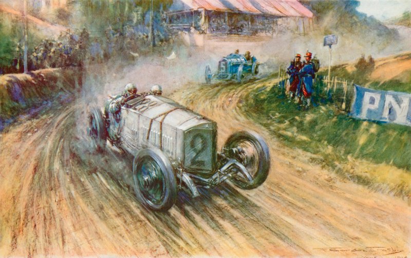 Lautenschlager med den tyske Mercedesen og Boillot med den franske Peugeot i deres store kamp under Grand Prix i 1914 (farge litho) av Frederick Gordon (after) Crosby