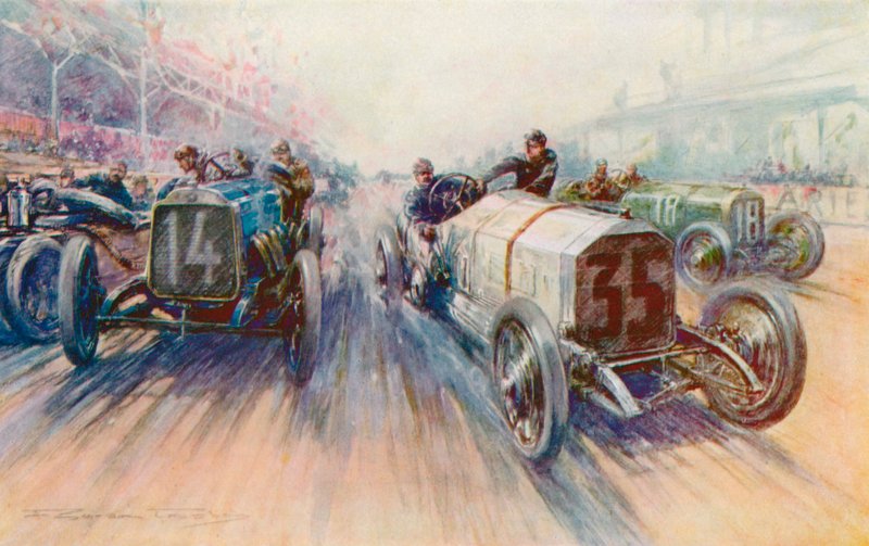 Lautenschlager hvit Mercedes i 1908 Grand Prix, et løp der dekk ble brukt i store mengder (farge litho) av Frederick Gordon (after) Crosby