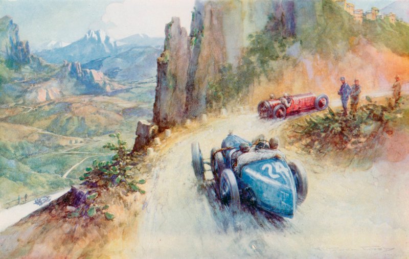 Materassis 2-liters superladede Bugatti passerer en Maserati på den svingete banen til 1927 Targa Florio (farge litho) av Frederick Gordon (after) Crosby