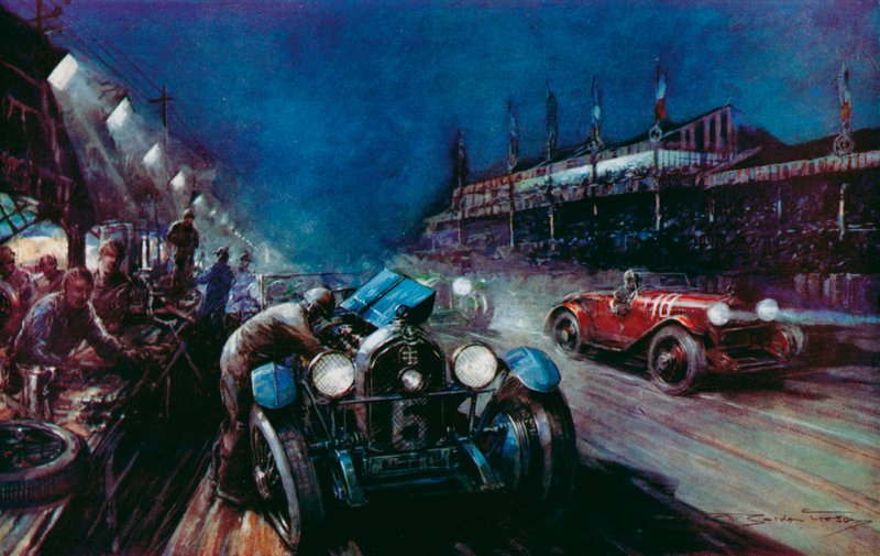 En av de vellykkede Lorraine-Dietrich-bilene som fylles på ved gropen under nattkjøringen i Le Mans 24-timersløp (farge litho) av Frederick Gordon (after) Crosby