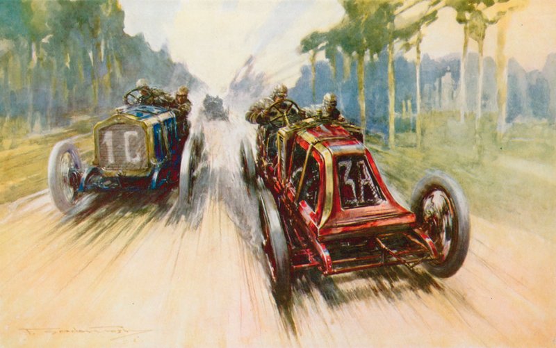 Sziszs røde Renault, godt hjulpet av det faktum at den hadde avtakbare felger for første gang, er seierherren i den første Grand Prix (farge litho) av Frederick Gordon (after) Crosby