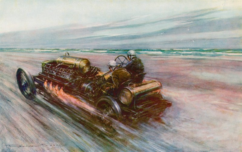 Den berømte "200" Darracq som Sir Algernon Guinness, Bart, oppnådde 120 mph med i 1908 (farge litho) av Frederick Gordon (after) Crosby