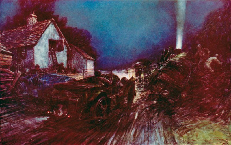 Det historiske krasjet ved White House Corner i Le Mans 24-timersløp, Det var etter dette krasjet at en skadet Bentley fortsatte å vinne (farge litho) av Frederick Gordon (after) Crosby