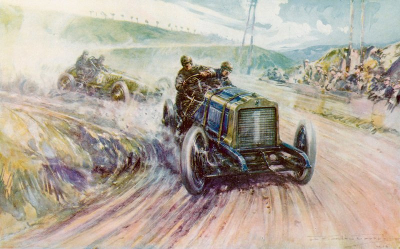 Thery med Richard-Brasier som vant Gordon Bennett-løpet i 1905 for Frankrike (farge litho) av Frederick Gordon (after) Crosby