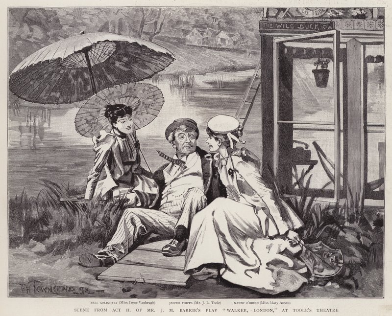 De engelske skuespillerne Irene Vanbrugh, John Lawrence Toole og Mary Ansell i en produksjon av J M Barries skuespill Walker, London, på Toole