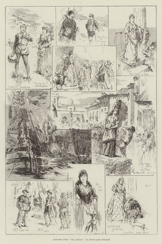 Skisser fra The Armada på Drury-Lane Theatre av Frederick Henry Townsend